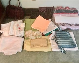 Linens,  UGA Tapestry Throw (Back row, right side) and various vintage bags-contact for prices
