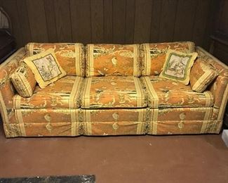 $75-Amazing, muted orange and yellow, Asian tapestry style print, vintage couch.  6'10" Long,  32" Deep,  25" High, 15" seat height