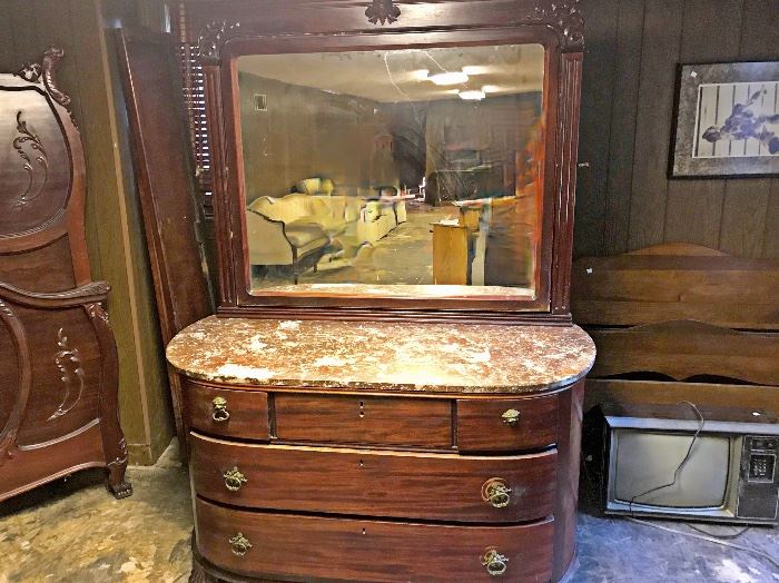 $300-Victorian Style Marble Topped Chest of Drawers, Plus Mirror