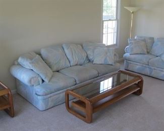 Contemporary Living room suite. Sofa, loveseat, chaise lounge, coffee table,  2 end tables & lamps