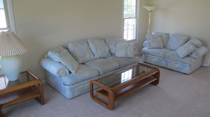 Contemporary Living room suite. Sofa, loveseat, chaise lounge, coffee table,  2 end tables & lamps