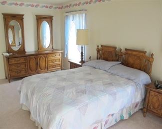 Bedroom suite. 76" dresser, 2 mirrors, Queen bed, 2 nightstands, 75" x 41" wardrobe chest, 2 table lamps