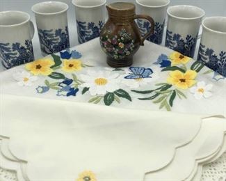 Little West German Pitcher Embroidered Tablecloth and English Mugs