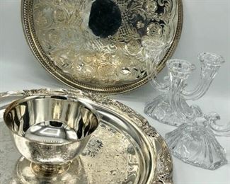 Silver Colored Platters and Glass Candleholders