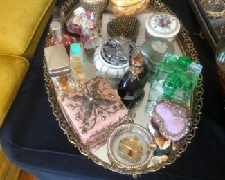 Mirrored Vanity Tray $15, various trinket boxes  $3 - $15, Perfume bottles $3.