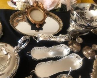 Round mirrored vanity tray $15, 3-pc cookie set, $9, Pair candleholders $8
