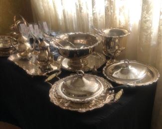 Silver plated serving pieces Punch Bowl & underplate $45, Covered chasing dish $25, Coffee & Tea Pots $25 each,   Rectangular Tray $20