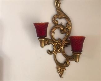 Pair of Wall sconces,  Gilt with red candle shades pair $30