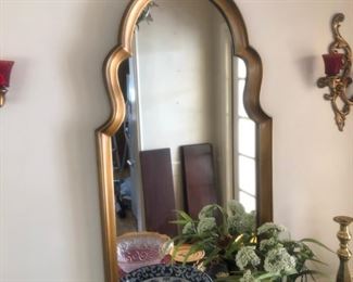 Arch top gilded mirror $35 Brass candleholders  pair $25        