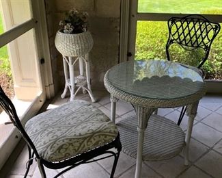 Woodard Chairs with cushions and Lloyd Loom Coffee Table