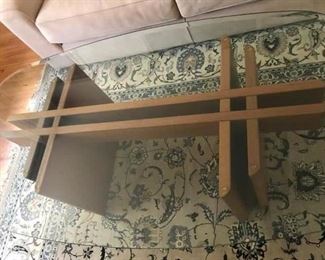 BEVELED GLASS TOP WITH ROUNDED EDGES AND WOOD BASE COFFEE TABLE AND MATCHING END TABLE. MINOR SCRATCH - BOTH $495.00