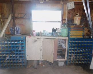 Storage  tool or nut and bolt bins plus misc