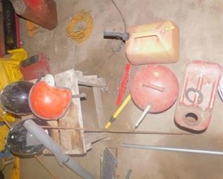 Gas can, vintage motorcycle helmets
