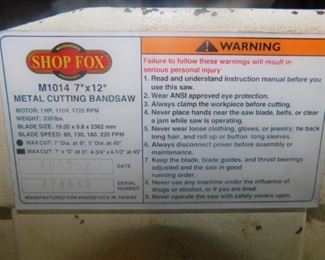 Shop Fox metal cutting band saw M1014