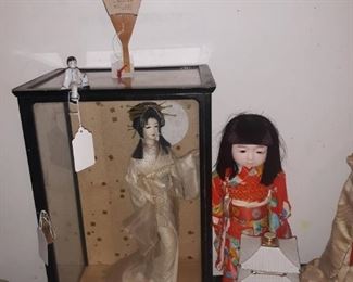  Geisha Doll in case, and Asian decanter