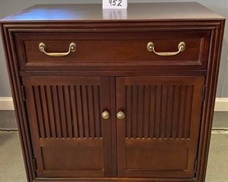 Lot 952. $95.00  Media Cabinet with Drawer and Cabinet. 	Great for TV Stand, Night Table, very functional.  Made by Stanley....30"W x 31 1/2 T x 18" D  $150.  Needs TLC on top. 