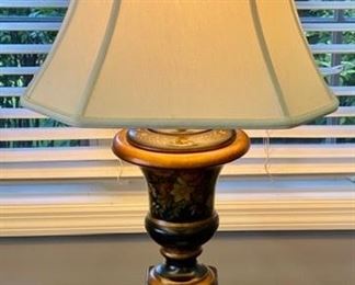 Lot 953. $75.00. Black Table Lamp Urn Style with painted floral. 32" T x 16" D " 16" W $75.00. Very Stylish in great shape.