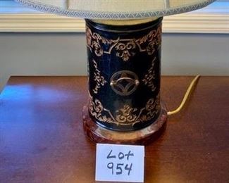 Lot 954. $95.00 Black Red and Gold Asian Style with Figural carved in Relief.  30"T Lamp and Shade 19" W Diameter $95.00 Beautiful Ornate Base