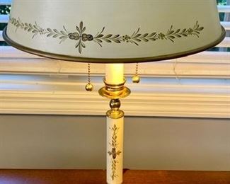 Lot 955. $45.00 Vintage Brass Candlestick Lamp with cream color and Brass Bass with 2 Pulls.  24" T  Shade 14" Diameter  