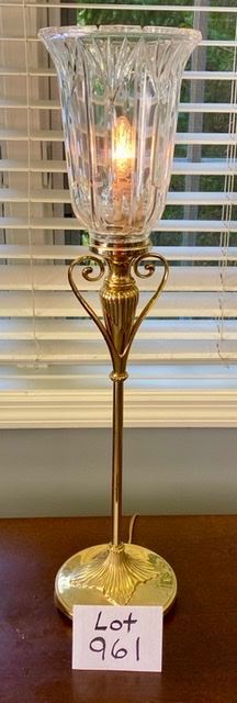Lot 961. $55.00   Brass Candlestick Lamp with Glass Lampshade.	27" T & 6.5" Diameter.  
