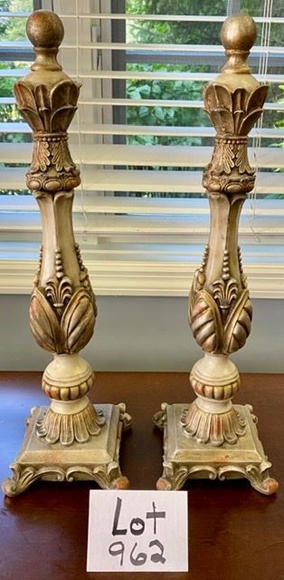 Lot 962. Buy it Now $38.00 for the pair.   2 Brown Decor Pieces.  Gold and Cream Color. Would look great on a mantle. 21" T and 6" Square. $40 for the pair.  