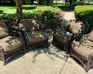 Lot 957. Buy it Now  $200.00  4 Outdoor Rattan Brown Chairs with  The cushions have seen better days, but still have some life left in them!  30" W x 34" T x 28" D x 17" H Seat. 24"W x 28"D x 5" H Cushions. Very Comfortable