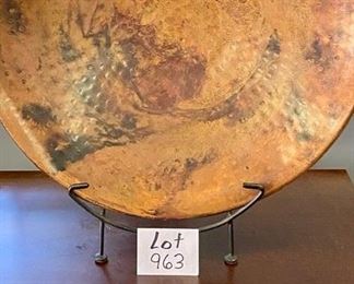 Lot 963. Buy it Now $65.00 with Stand   Copper Tray hand-hammered with Stand.	26" Diameter and 3" Deep.  Beautifully designed piece. 