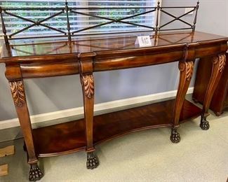 Lot 950. $1500.00.  Stunning Hickory White Buffet/Sideboard, done in Honduras Mahogany, with 6 embellished legs and claw feet.  Wrought iron finial back,  3 Drawers including Silverware drawer