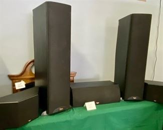 Lot 991 Buy it Now  $495.00  Set of Klipsch Speakers: 2 RF3 II Black Floor Speakers, 2 RS3 II Black Wall/shelf Speakers and 1 RC3 II Black Speaker	39" T x 9: W x 16" D. Center 23" W x 8" T x 9"D, Surround 19" L x 9" D x 8" T 