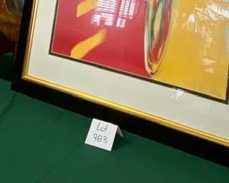 Lot 983    $125.00  Large Print in Beautiful Frame, Red/ Yellow, Green and White Floral in Vase Signed in Print. 56" T x 44" W