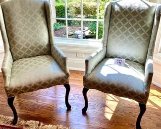 Lot 972. $595.00   Pair of wingback chairs, upholstered in light green geometric print, chippendale style legs	44.5" top to floor in back, seat 20" wide, 19" deep, 18" high seat to floor