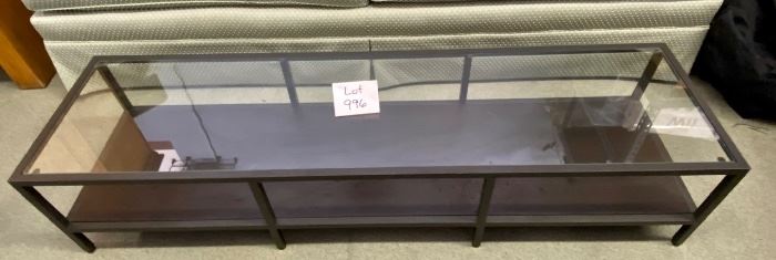 Lot 996 Buy it Now $145.00  Glass and Powder-Coated Metal Frame and Wood Bottom Shelf by Ikea	59" L x 16" D x 12.5" T