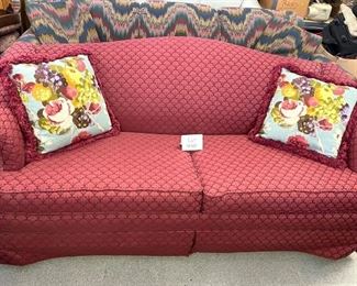Lot 998 Buy it Now $325.00	Smithe-Craft by W.E.Smith "Cambridge Sofa", Maroon Shell Desgn with 2 Coordinating Floral Pillows	72" L x 31" H x 32" D