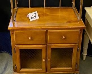 Lot 1001   $225.00   Baker's Rack Style Bar with Wine Glass Storage, 5 Bottle Wine Rack 2 Shelves,2 Drawers and Liquor Storage cabinet on Bronze metal Legs	72" T x 28" W x 16" D