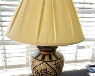 Lot #1002  $80.00 Nice Table Lamp. Urn Style in Brown. tan and gold floral design.  32" tall x 9"wide