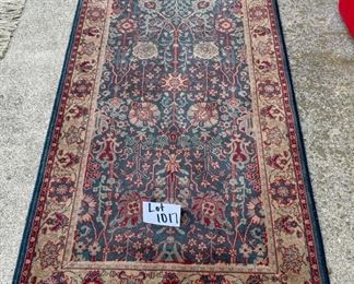 Lot 1017	Buy it Now $150.00  Middle Eastern Rug, Green, tans, red with tan fringe 32" x 67" in very good condition