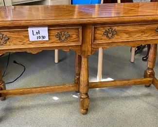 Lot 1030 Buy it Now $175.00	Thomasville Sofa Table with 2 Drawers, inlay Design on top surface in Oak. 54" L x 16" D x 28.5" H