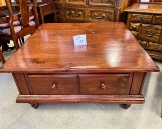 Lot 1031	Buy it Now $160.00  Square Coffee/Cocktail Table with Drawer, Looks like dark Stained Pine, corner has some marks.	39" Square x 19" T
