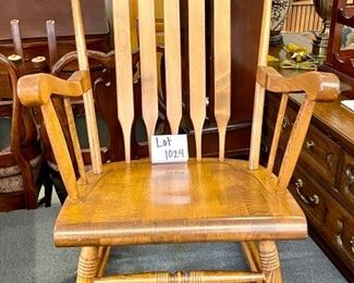 Lot 1024  Buy it Now $95.00  Classic Americana Rocking Chair Vintage, in Classic Oak, no nails solid construction.   Seat 24" W x 16" D x 40" Tall at Back