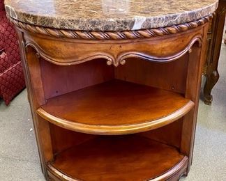 Lot 1034 Buy it Now $195.00  Marble topped Round Side/Drum Table with Open Shelves on all sides, Stunning Marble top (1.25" Thick). 28" Diameter  and 28" Tall.  