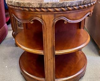 Lot 1034  Buy it Now $195.00  Marble topped Round Side/Drum Table with Open Shelves on all sides, Stunning Marble top (1.25" Thick). 28" Diameter  and 28" Tall.b
