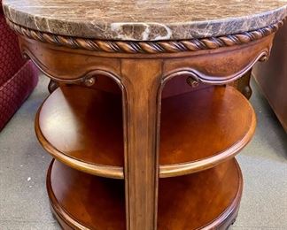 Lot 1034 Buy it Now $195.00 Marble topped Round Side/Drum Table with Open Shelves on all sides, Stunning Marble top (1.25" Thick). 28" Diameter  and 28" Tall 