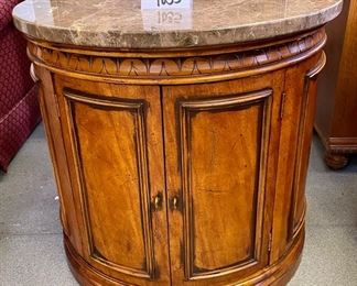 Lot 1035  Buy it Now $225.00  Marble Topped Round Side/Drum Table with 2 Door Cabinet on One Side that Opens to 2 Tier Shelf, Stunning Marble top (1.25" Thick). 30" Diameter 28.5 T  