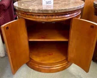Lot 1035  Buy it Now $225.00  Marble Topped Round Side/Drum Table with 2 Door Cabinet on One Side that Opens to 2 Tier Shelf, Stunning Marble top (1.25" Thick). 30" Diameter 28.5 T  