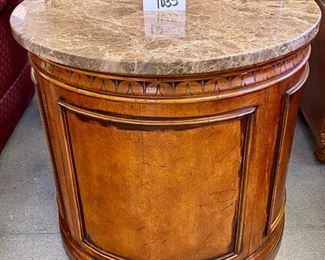 Lot 1035  Buy it Now $225.00  Marble Topped Round Side/Drum Table with 2 Door Cabinet on One Side that Opens to 2 Tier Shelf, Stunning Marble top (1.25" Thick). 30" Diameter 28.5 T 
