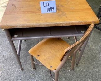 LOT 1048 Buy it Now $50.00 Vintage Children's School Desk with Chair and Wood Top	24" W x 19" D x 23.5" H