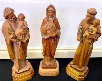 Lot 1050.  Buy it Now $20.00 7 pc.  3  6 3/4" Wooden Carved Religious Figurines (Mary, Joseph, Jesus. All 6 3/4" tall), Bonus 4- 2 3/4" angels as is 