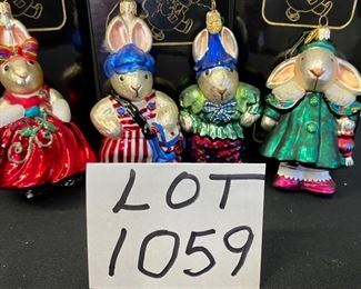 Lot 1059. Buy it Now $80.00  Set of 4 Christopher Radko Bunny Ornaments. Lot includes Santa's Workshop Hoppy Vander Hare, Grand Vander Ball Hop, Hoppy Barely in time, Messenger of Love.