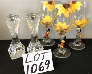 Lot 1069.  Buy it Now $36.00  3 hand-painted goblets and candlestick pair. Candlesticks are leaded glass, cool art deco design. One more goblet was found after the pictures were taken! 	