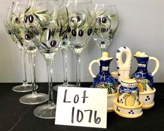Lot 1076. Buy it Now $75.00 Adorable  Set of 6 wine glasses etched and then hand-painted in an olive motif (Romanian Crystal, pattern Olivia) paired with sweet oil and vinegar set with salt and pepper. Stamped with Dipinto Amano.   